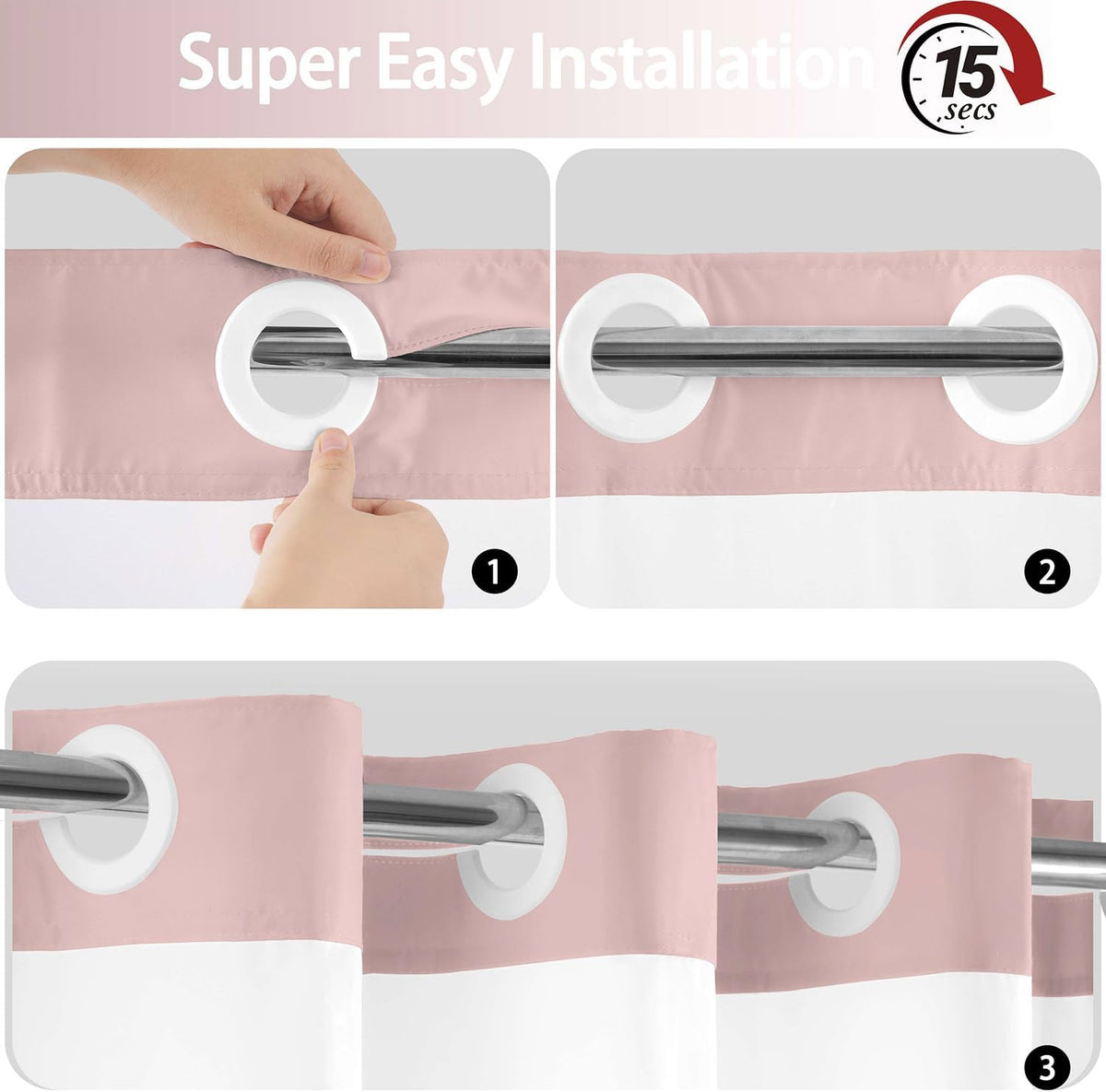 No Hook Shower Curtain and Liner Set, Blush Pink, 71" x 74"
