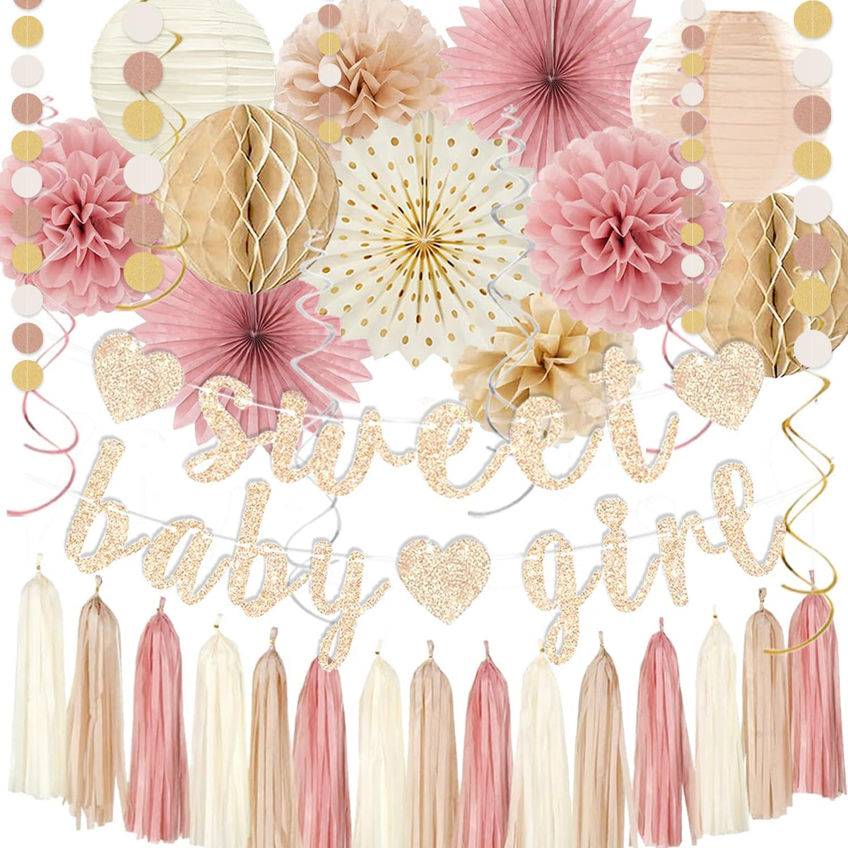 Rose Blush Pink Beige Boho Baby Shower Party Decorations - Sweet Baby Girl Banner, Peach White Paper Lanterns, Streamers, Tissue Pom Poms, Blush Beige Boho Paper Tassel, Rustic Backdrop Decor