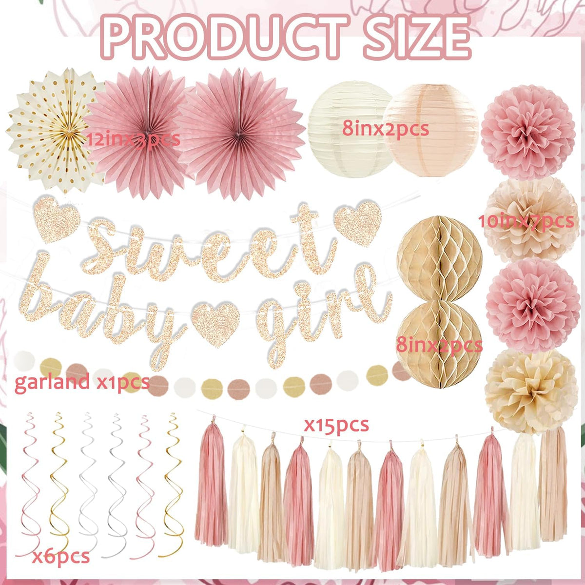 Rose Blush Pink Beige Boho Baby Shower Party Decorations - Sweet Baby Girl Banner, Peach White Paper Lanterns, Streamers, Tissue Pom Poms, Blush Beige Boho Paper Tassel, Rustic Backdrop Decor