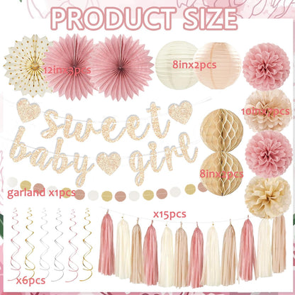 Rose Blush Pink Beige Boho Baby Shower Party Decorations - Sweet Baby Girl Banner, Peach White Paper Lanterns, Streamers, Tissue Pom Poms, Blush Beige Boho Paper Tassel, Rustic Backdrop Decor