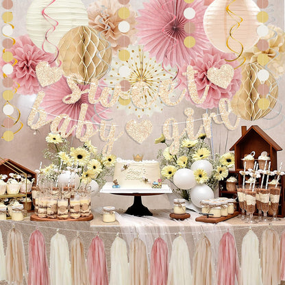 Rose Blush Pink Beige Boho Baby Shower Party Decorations - Sweet Baby Girl Banner, Peach White Paper Lanterns, Streamers, Tissue Pom Poms, Blush Beige Boho Paper Tassel, Rustic Backdrop Decor