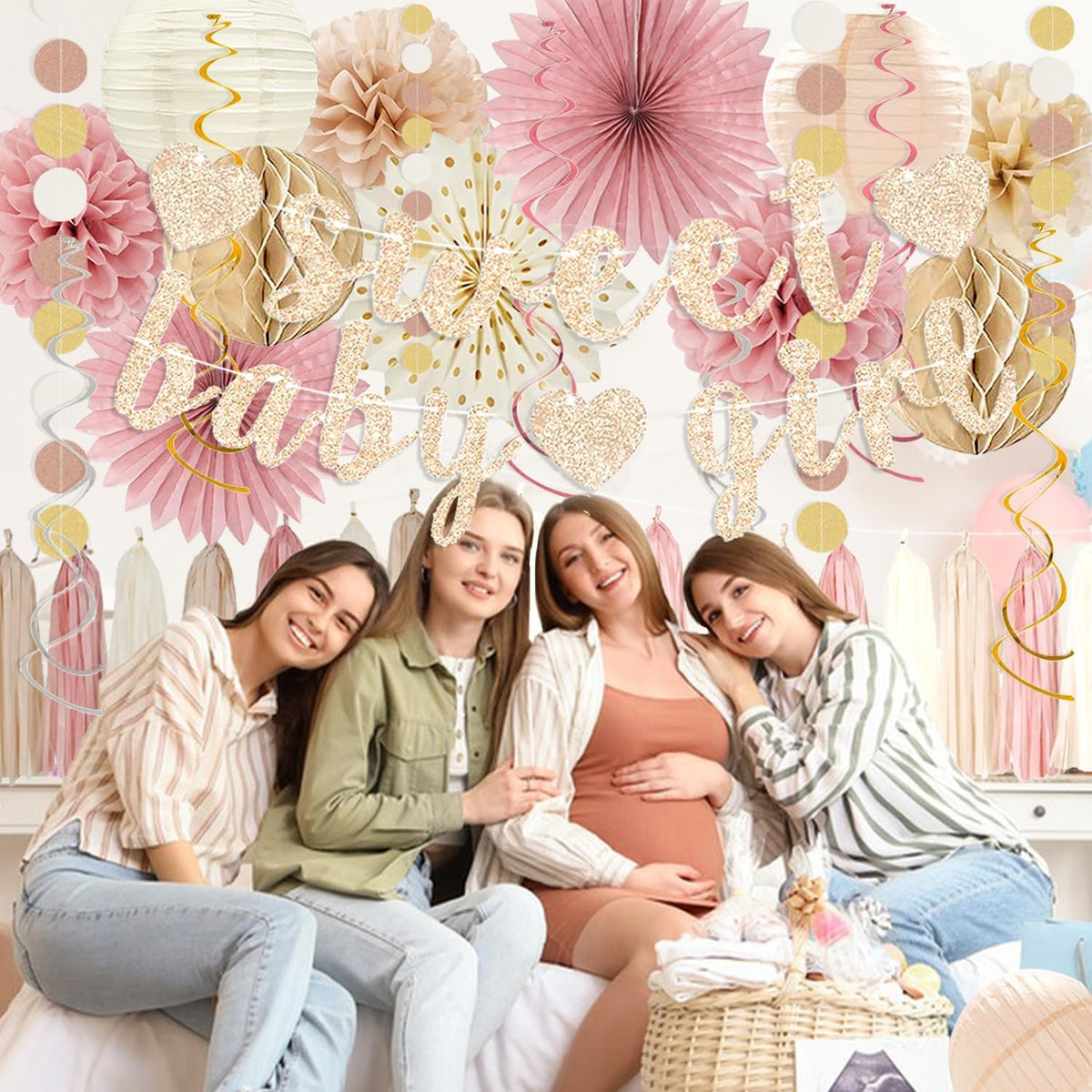 Rose Blush Pink Beige Boho Baby Shower Party Decorations - Sweet Baby Girl Banner, Peach White Paper Lanterns, Streamers, Tissue Pom Poms, Blush Beige Boho Paper Tassel, Rustic Backdrop Decor