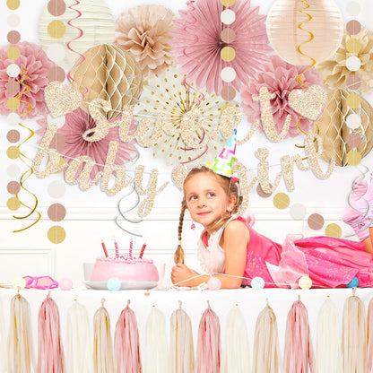 Rose Blush Pink Beige Boho Baby Shower Party Decorations - Sweet Baby Girl Banner, Peach White Paper Lanterns, Streamers, Tissue Pom Poms, Blush Beige Boho Paper Tassel, Rustic Backdrop Decor