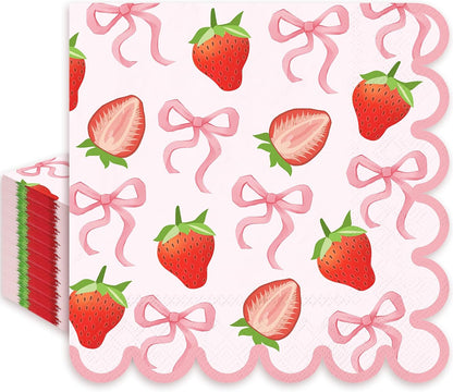 50Pcs Strawberry Paper Napkins Summer Fruit Disposable Napkins Pink Bow Scalloped Edge Paper Luncheon Dinner Napkin for Baby Shower Berry First Birthday Party Decor