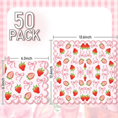 50Pcs Strawberry Paper Napkins Summer Fruit Disposable Napkins Pink Bow Scalloped Edge Paper Luncheon Dinner Napkin for Baby Shower Berry First Birthday Party Decor