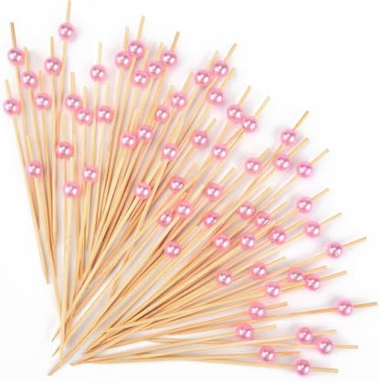 Pearl Cocktail Picks for Appetizers, 200 Count, Pink, 4.7 Inch Bamboo