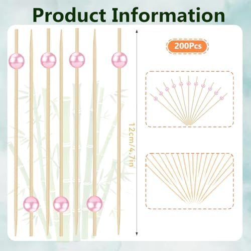 Pearl Cocktail Picks for Appetizers, 200 Count, Pink, 4.7 Inch Bamboo