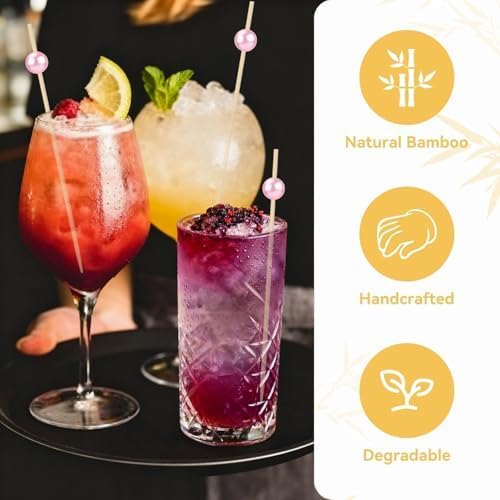 Pearl Cocktail Picks for Appetizers, 200 Count, Pink, 4.7 Inch Bamboo