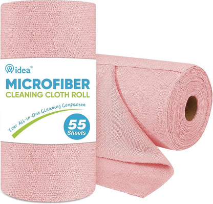 AIDEA Microfiber Cleaning Cloth Roll-55 Sheets, Pink Towels, 11×9"