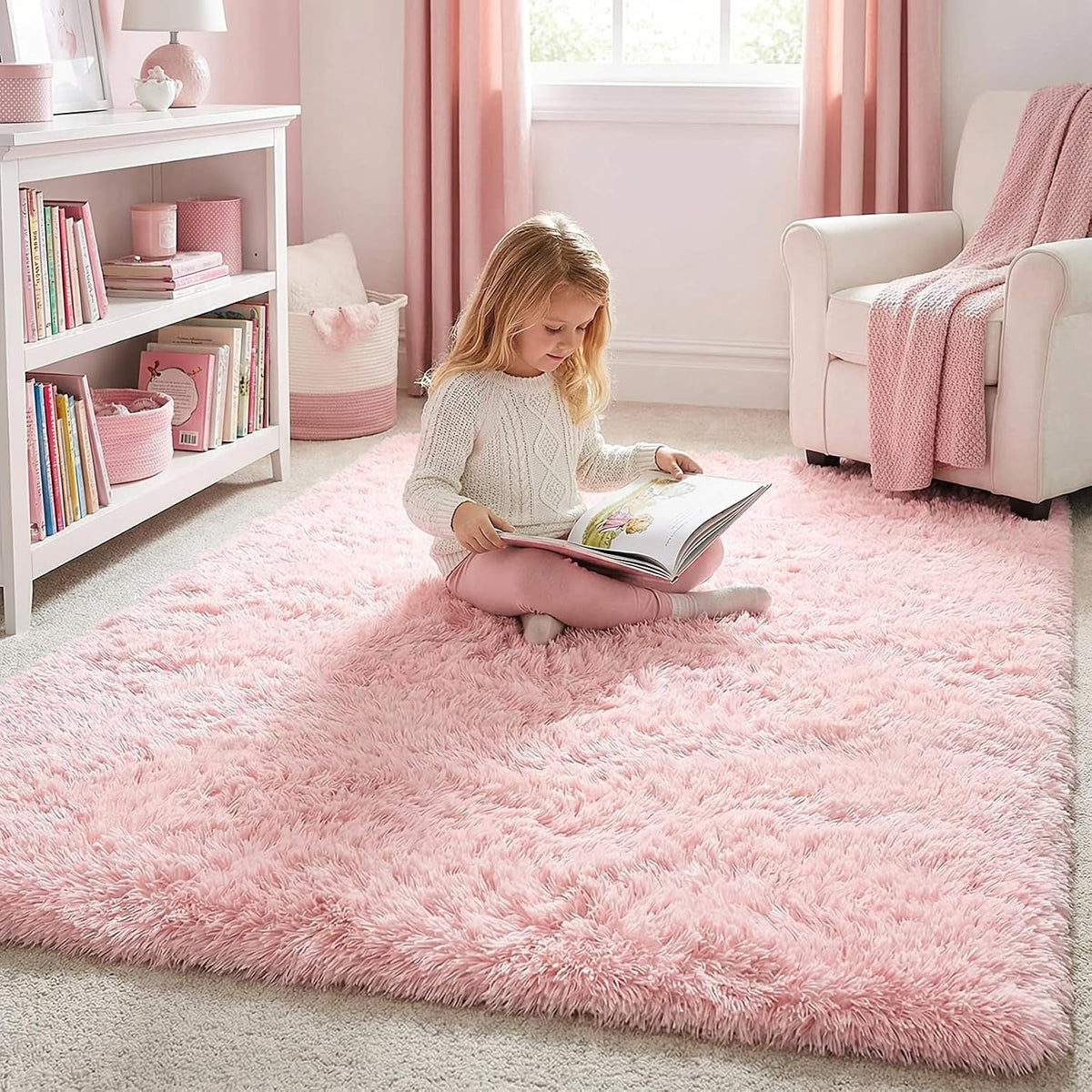 Light Pink Fluffy Fuzzy Area Rug 4x6 for Girls Bedroom Kids Room