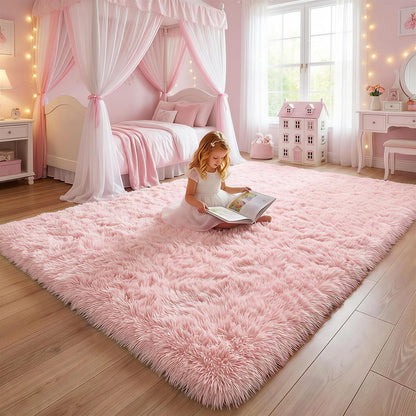 Light Pink Fluffy Fuzzy Area Rug 4x6 for Girls Bedroom Kids Room