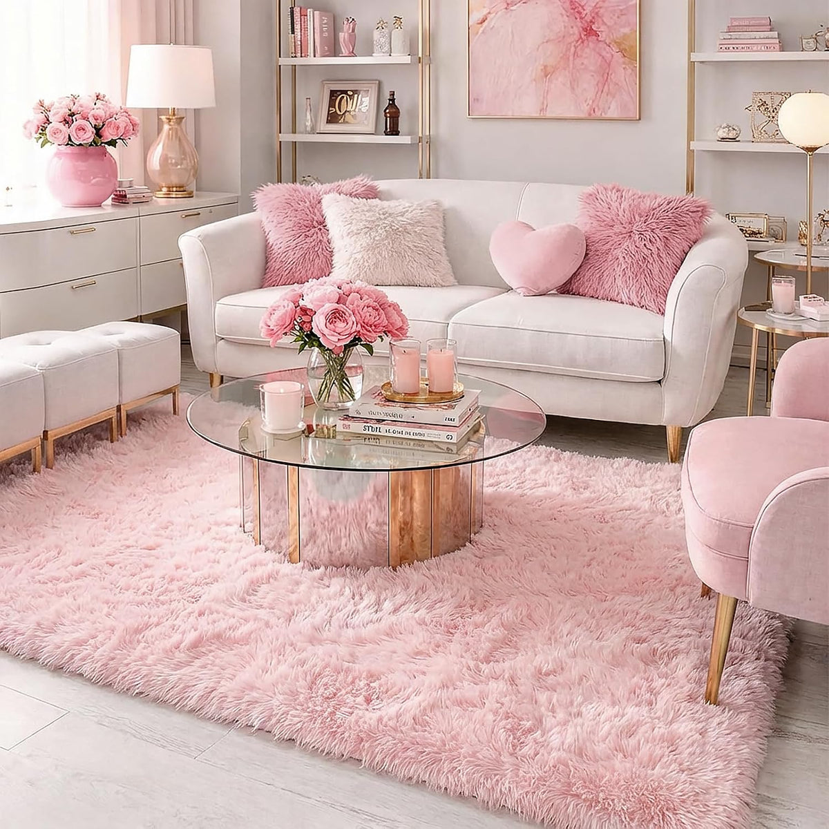 Light Pink Fluffy Fuzzy Area Rug 4x6 for Girls Bedroom Kids Room