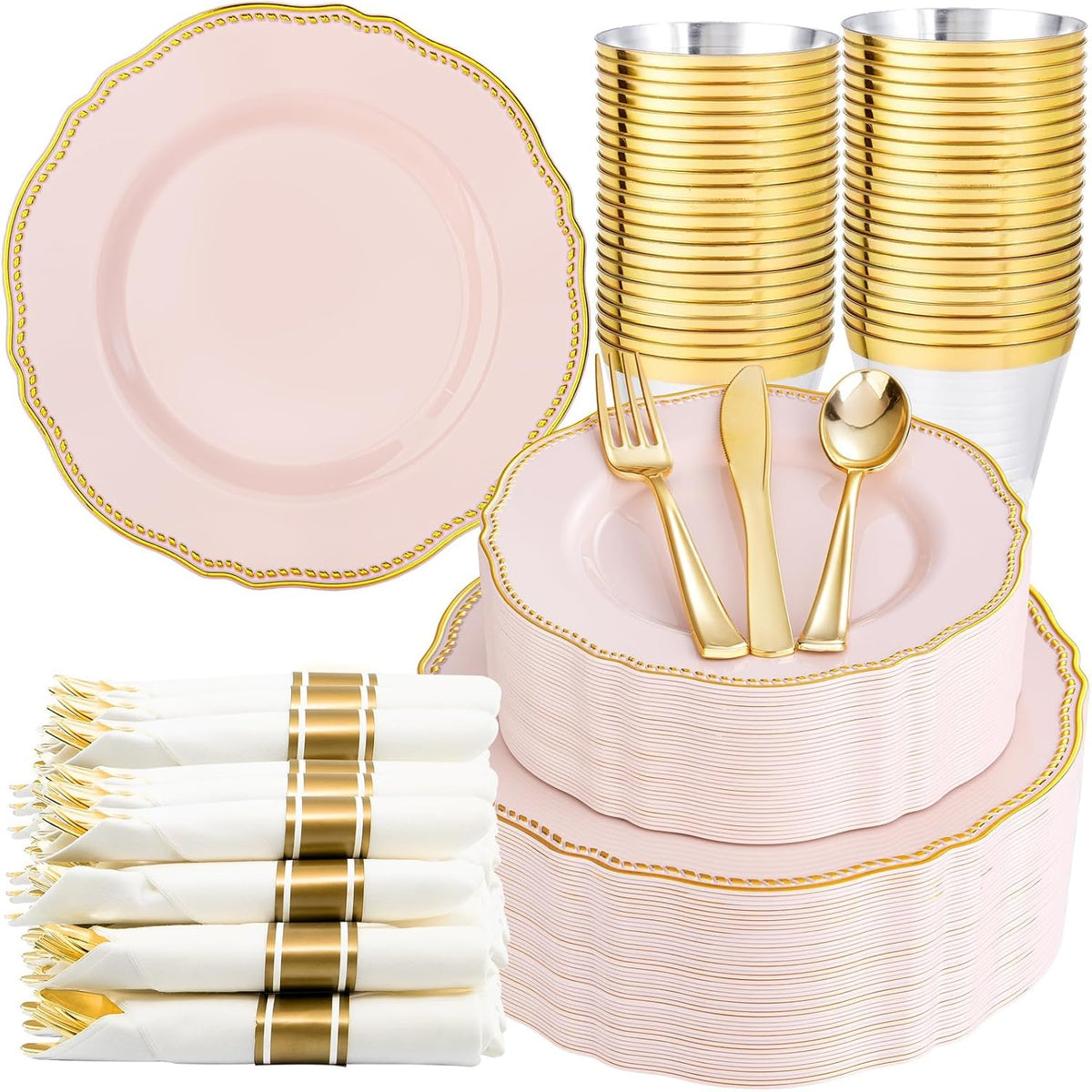 350 Pcs Pink and Gold Plastic Plates for Wedding & Party