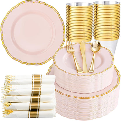 350 Pcs Pink and Gold Plastic Plates for Wedding & Party