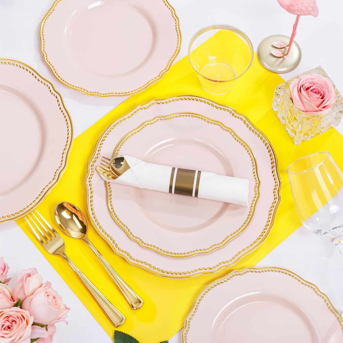 350 Pcs Pink and Gold Plastic Plates for Wedding & Party