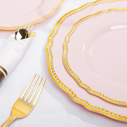 350 Pcs Pink and Gold Plastic Plates for Wedding & Party