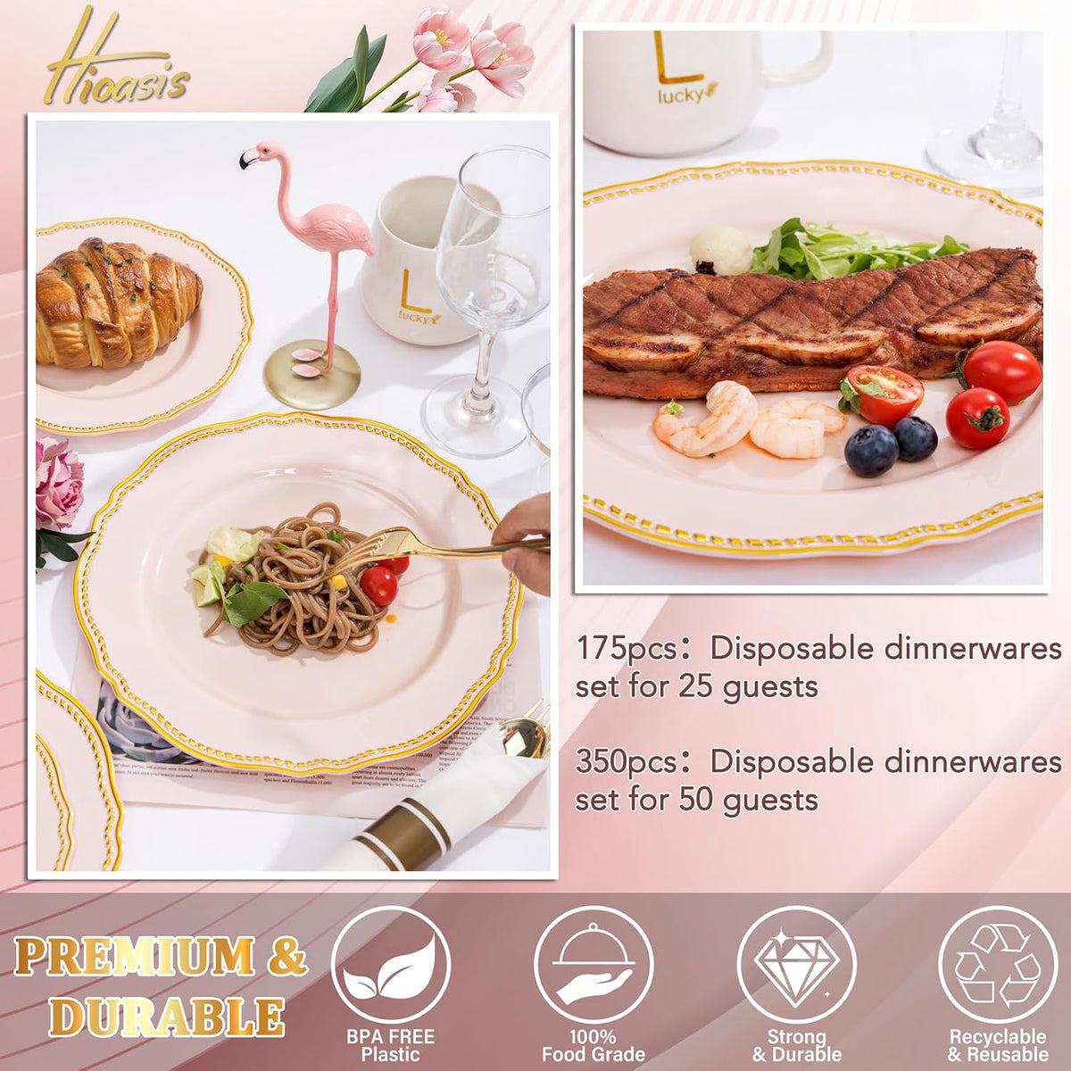 350 Pcs Pink and Gold Plastic Plates for Wedding & Party