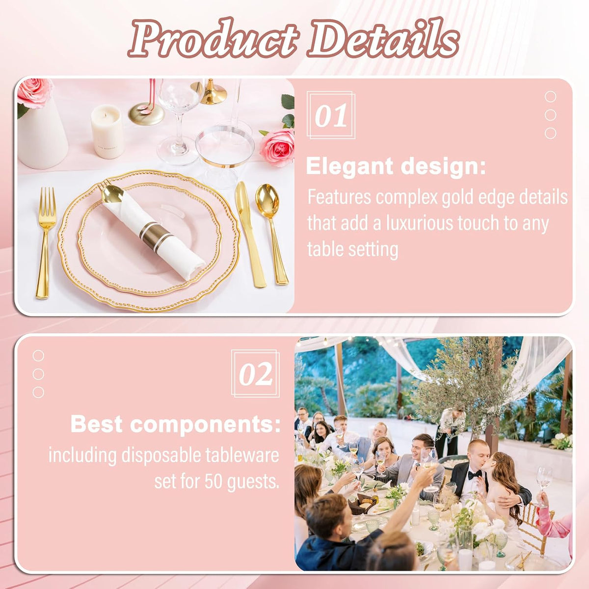350 Pcs Pink and Gold Plastic Plates for Wedding & Party