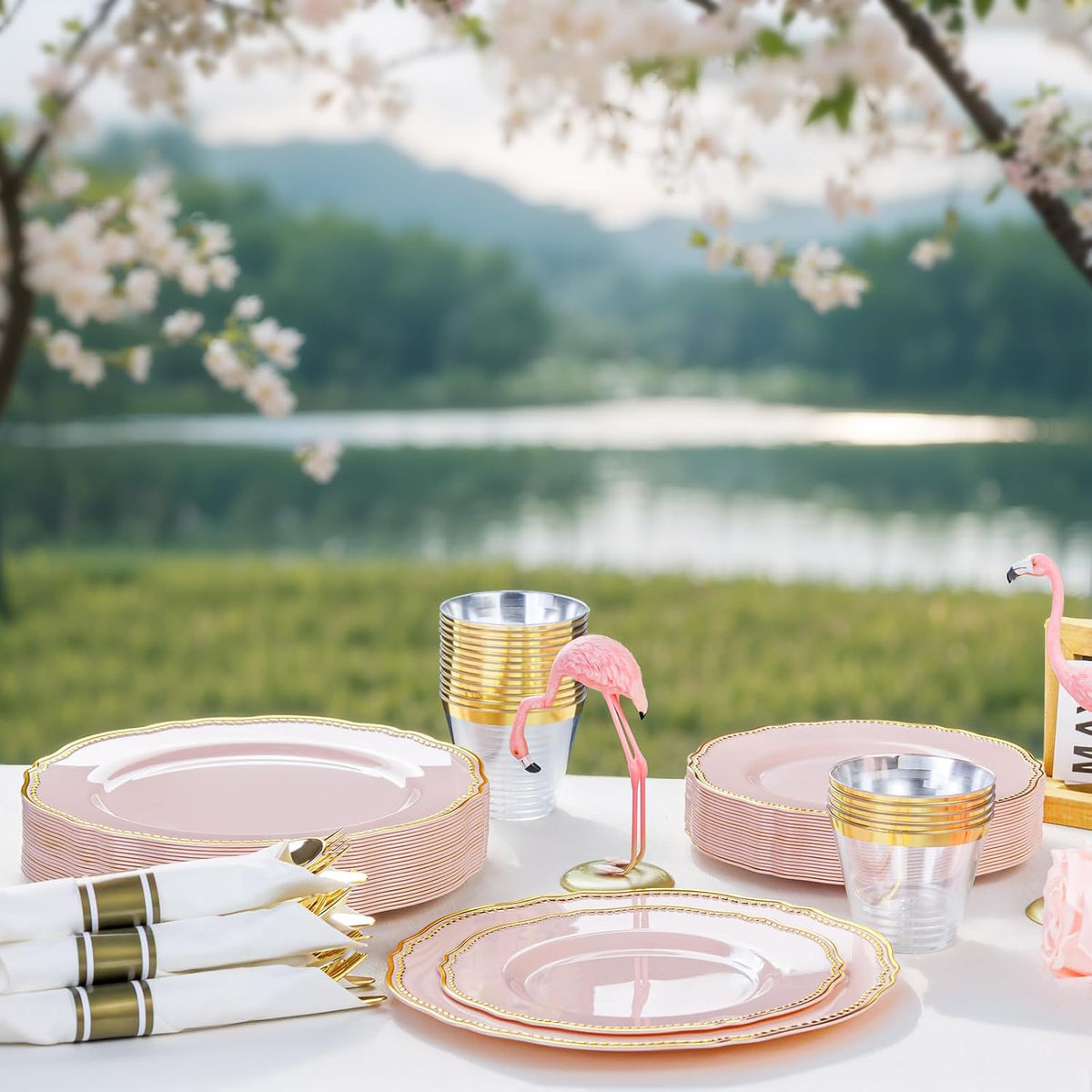 350 Pcs Pink and Gold Plastic Plates for Wedding & Party