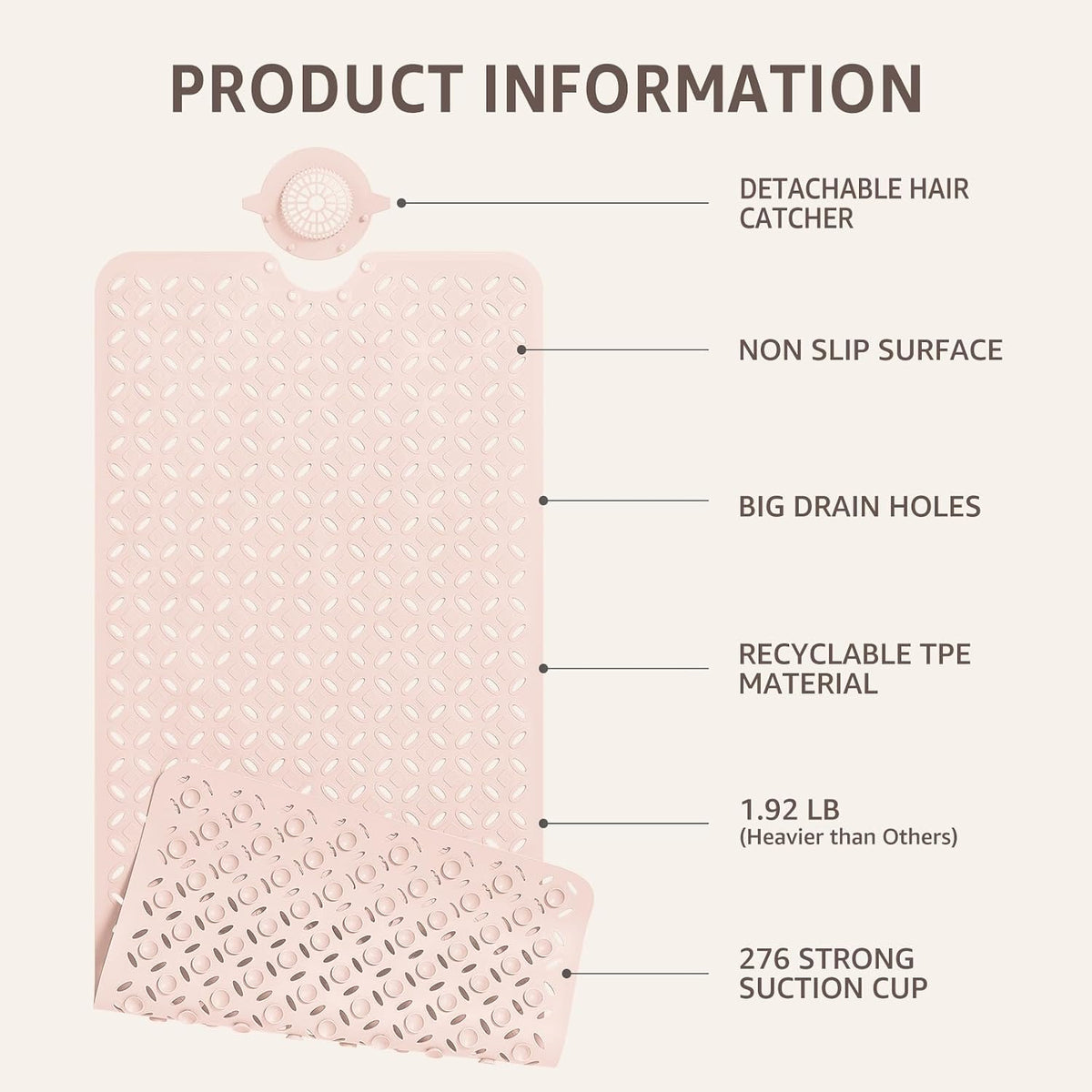 Bath Mat for Tub Non Slip: 39" X 17" Long Bathtub Mat with Hair Catcher│Big Drain Holes Shower Mats for Inside Shower│Machine Washable (Pink)