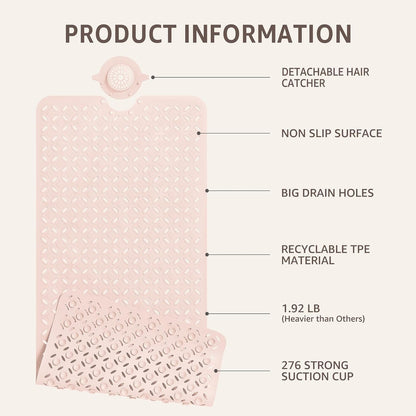 Bath Mat for Tub Non Slip: 39" X 17" Long Bathtub Mat with Hair Catcher│Big Drain Holes Shower Mats for Inside Shower│Machine Washable (Pink)