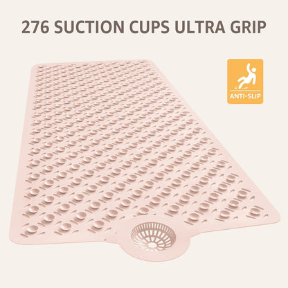 Bath Mat for Tub Non Slip: 39" X 17" Long Bathtub Mat with Hair Catcher│Big Drain Holes Shower Mats for Inside Shower│Machine Washable (Pink)