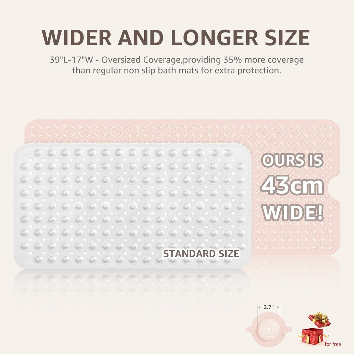 Bath Mat for Tub Non Slip: 39" X 17" Long Bathtub Mat with Hair Catcher│Big Drain Holes Shower Mats for Inside Shower│Machine Washable (Pink)