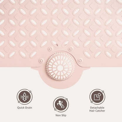 Bath Mat for Tub Non Slip: 39" X 17" Long Bathtub Mat with Hair Catcher│Big Drain Holes Shower Mats for Inside Shower│Machine Washable (Pink)