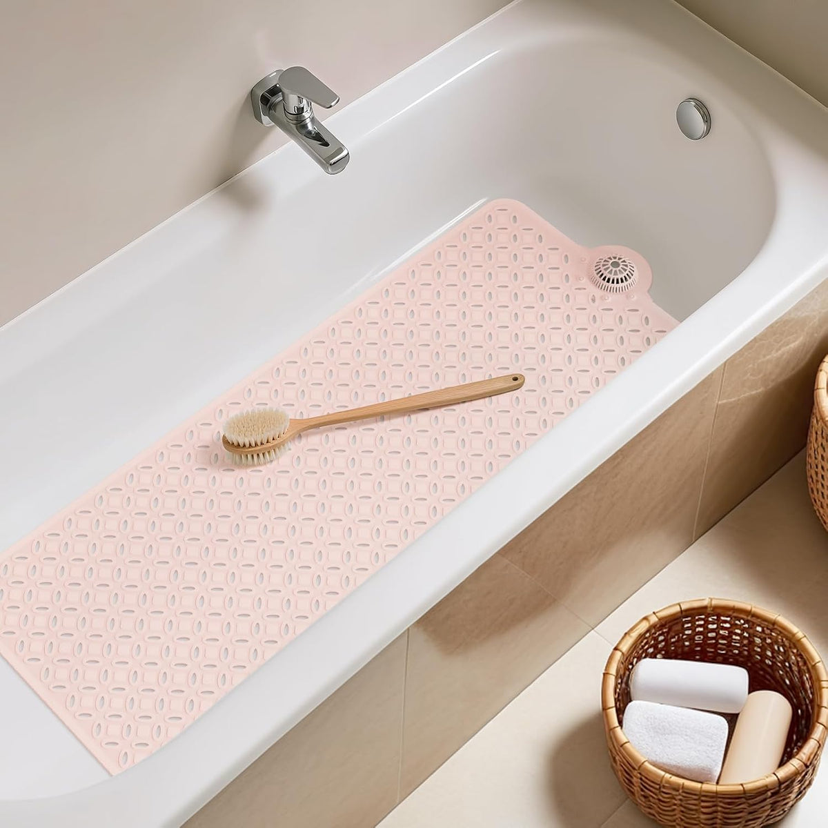 Bath Mat for Tub Non Slip: 39" X 17" Long Bathtub Mat with Hair Catcher│Big Drain Holes Shower Mats for Inside Shower│Machine Washable (Pink)