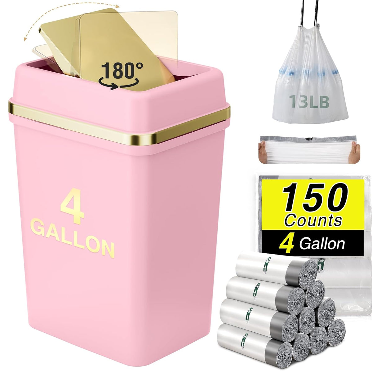 Pink Bathroom Trash Can with Lid 4 Gallon Trash Can Bedroom Trash Can Small Garbage Can with 150 Counts Trash Bags for Small Bathroom Bedroom Office
