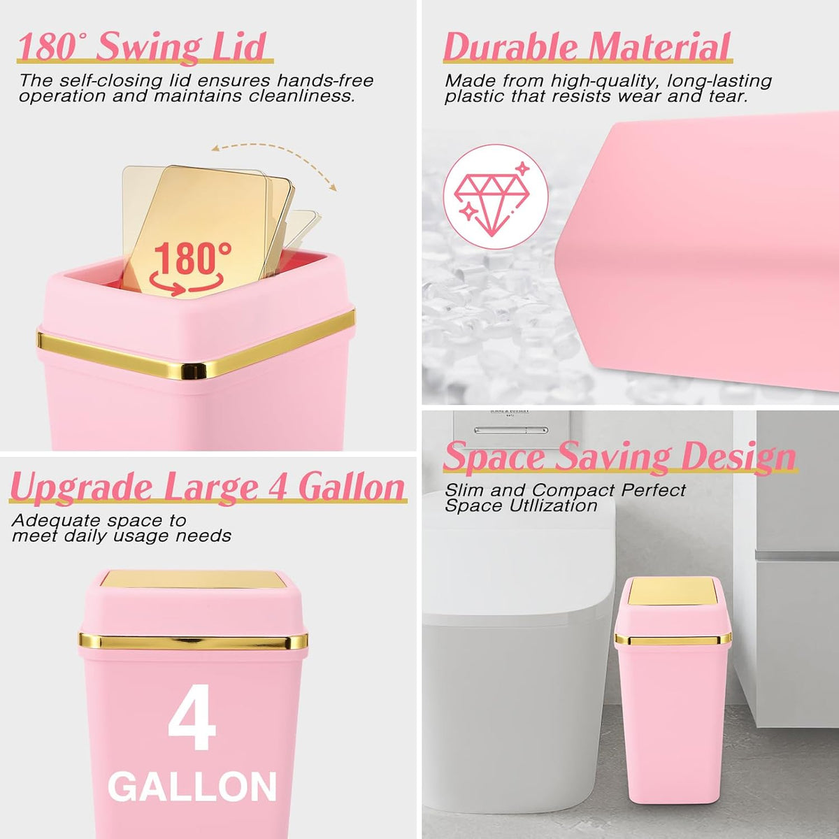 Pink Bathroom Trash Can with Lid 4 Gallon Trash Can Bedroom Trash Can Small Garbage Can with 150 Counts Trash Bags for Small Bathroom Bedroom Office