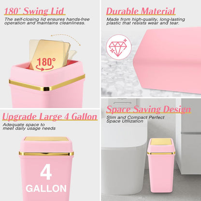 Pink Bathroom Trash Can with Lid 4 Gallon Trash Can Bedroom Trash Can Small Garbage Can with 150 Counts Trash Bags for Small Bathroom Bedroom Office