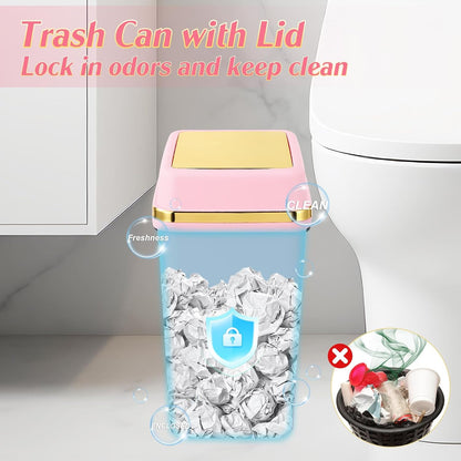 Pink Bathroom Trash Can with Lid 4 Gallon Trash Can Bedroom Trash Can Small Garbage Can with 150 Counts Trash Bags for Small Bathroom Bedroom Office