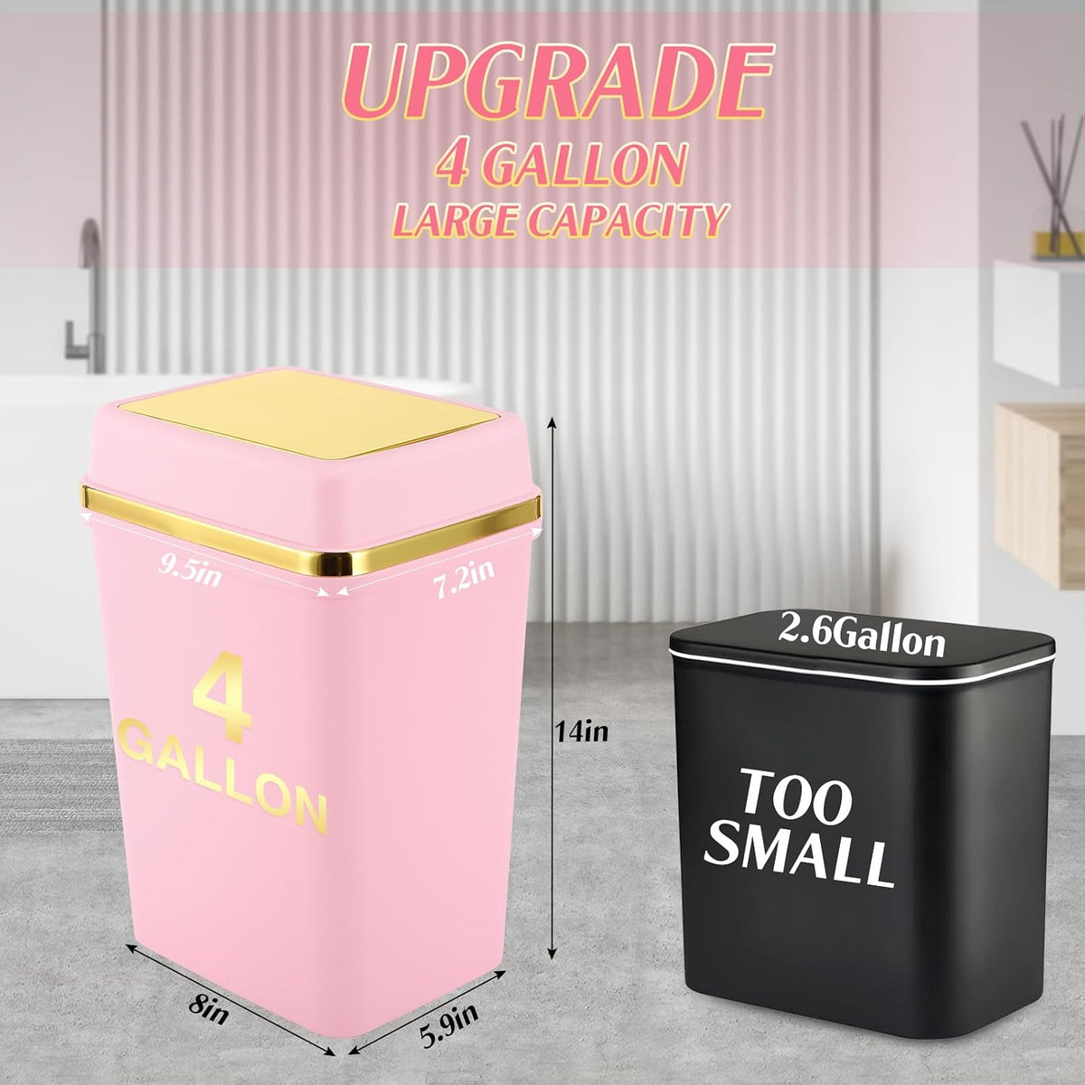 Pink Bathroom Trash Can with Lid 4 Gallon Trash Can Bedroom Trash Can Small Garbage Can with 150 Counts Trash Bags for Small Bathroom Bedroom Office