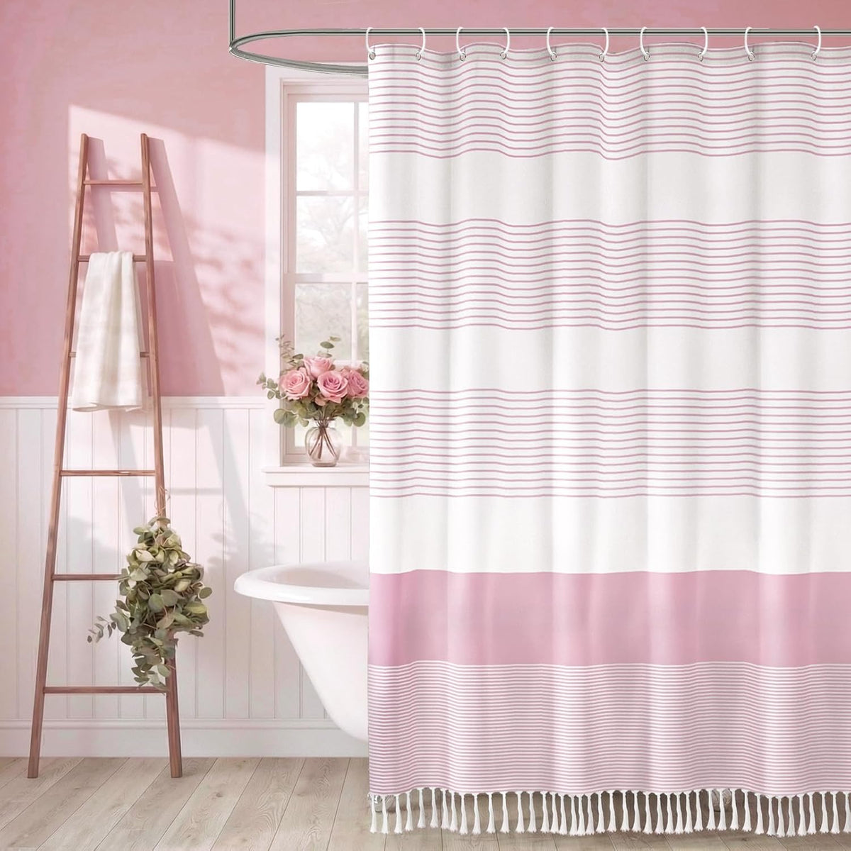 Pink Boho Cotton Striped Shower Curtain with Tassel 72" W X 72" L