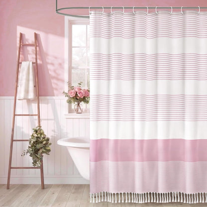 Pink Boho Cotton Striped Shower Curtain with Tassel 72" W X 72" L