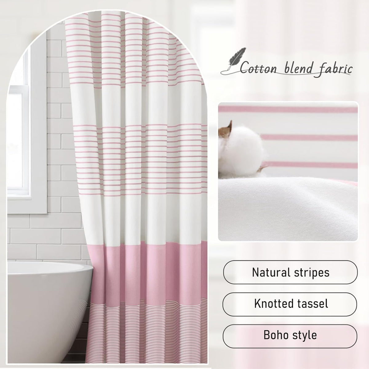 Pink Boho Cotton Striped Shower Curtain with Tassel 72" W X 72" L