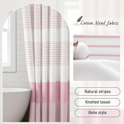 Pink Boho Cotton Striped Shower Curtain with Tassel 72" W X 72" L