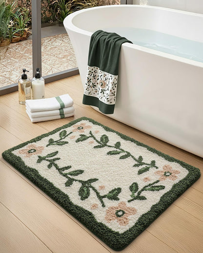 Boho Floral Bathroom Rugs 36x24, Green Leaf Bath Mat Non Slip Washable