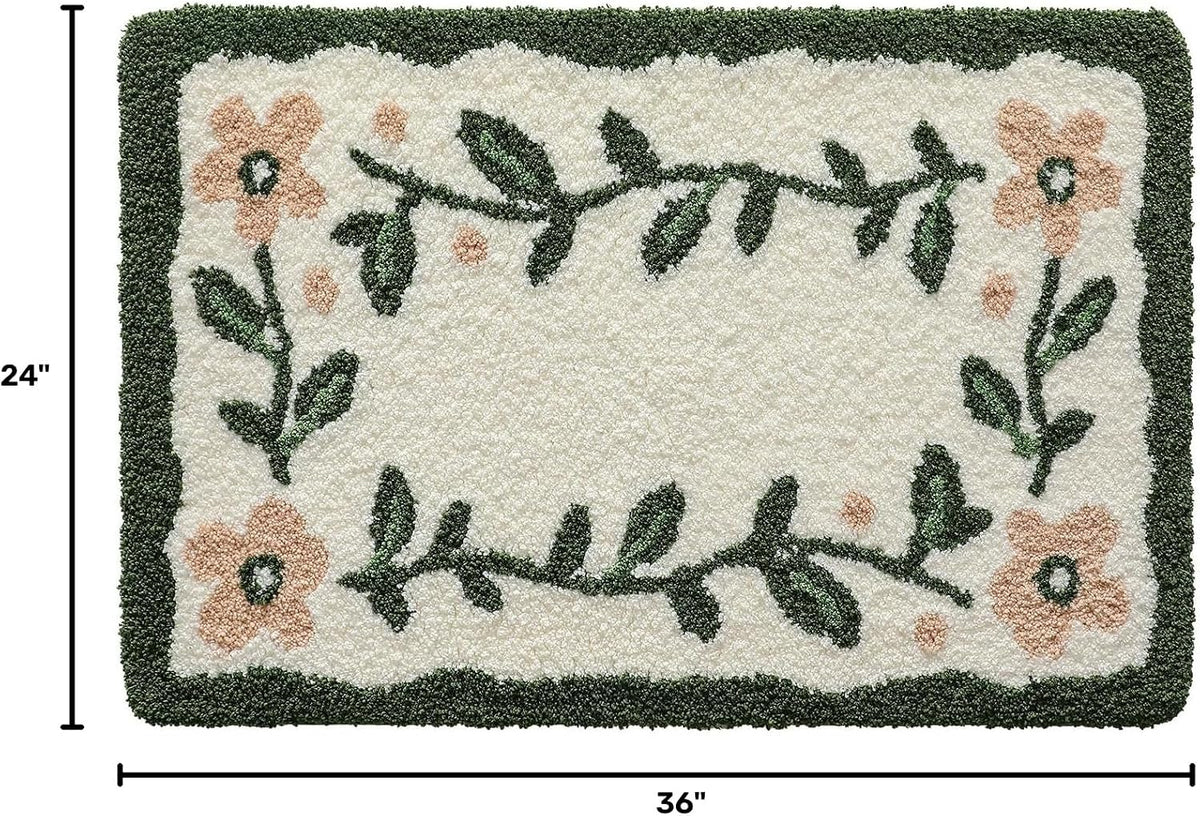 Boho Floral Bathroom Rugs 36x24, Green Leaf Bath Mat Non Slip Washable