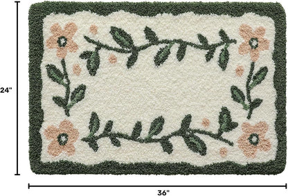 Boho Floral Bathroom Rugs 36x24, Green Leaf Bath Mat Non Slip Washable