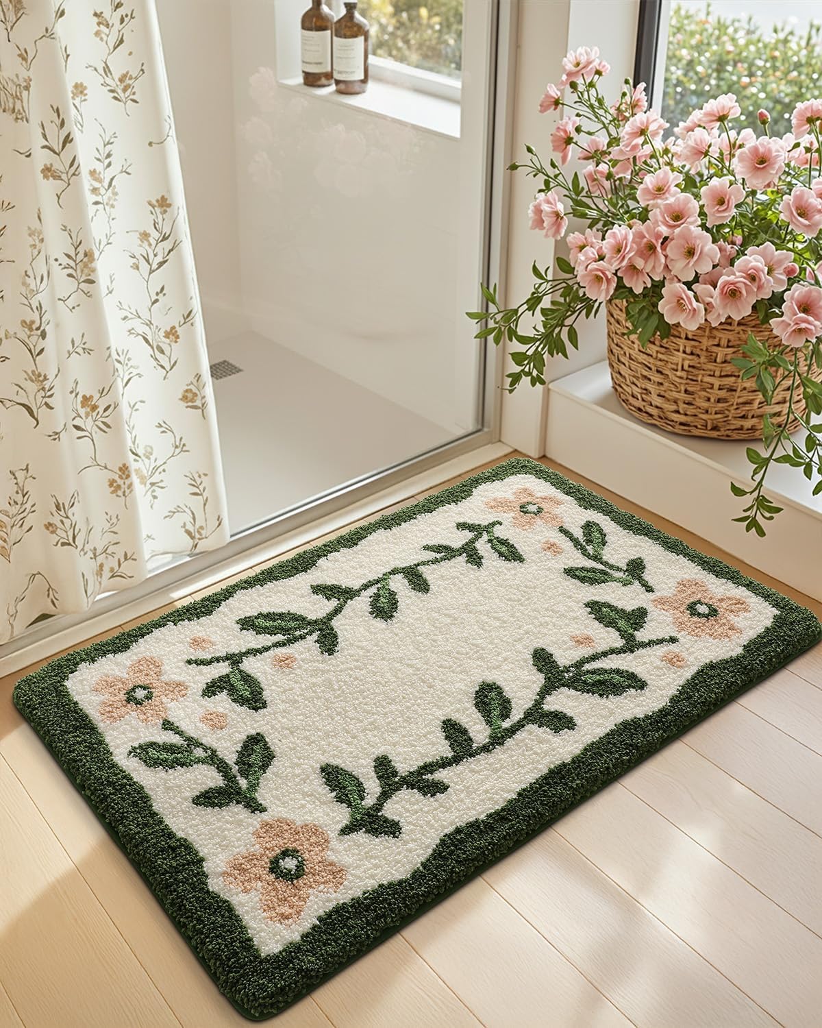 Boho Floral Bathroom Rugs 36x24, Green Leaf Bath Mat Non Slip Washable