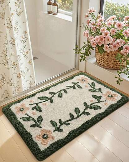 Boho Floral Bathroom Rugs 36x24, Green Leaf Bath Mat Non Slip Washable