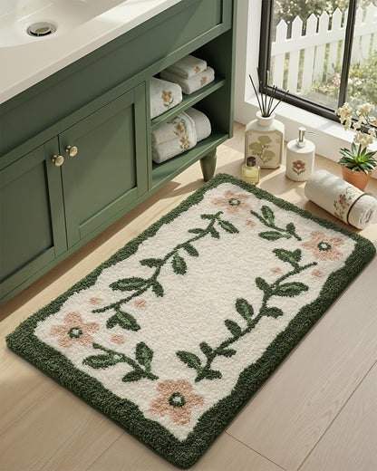 Boho Floral Bathroom Rugs 36x24, Green Leaf Bath Mat Non Slip Washable