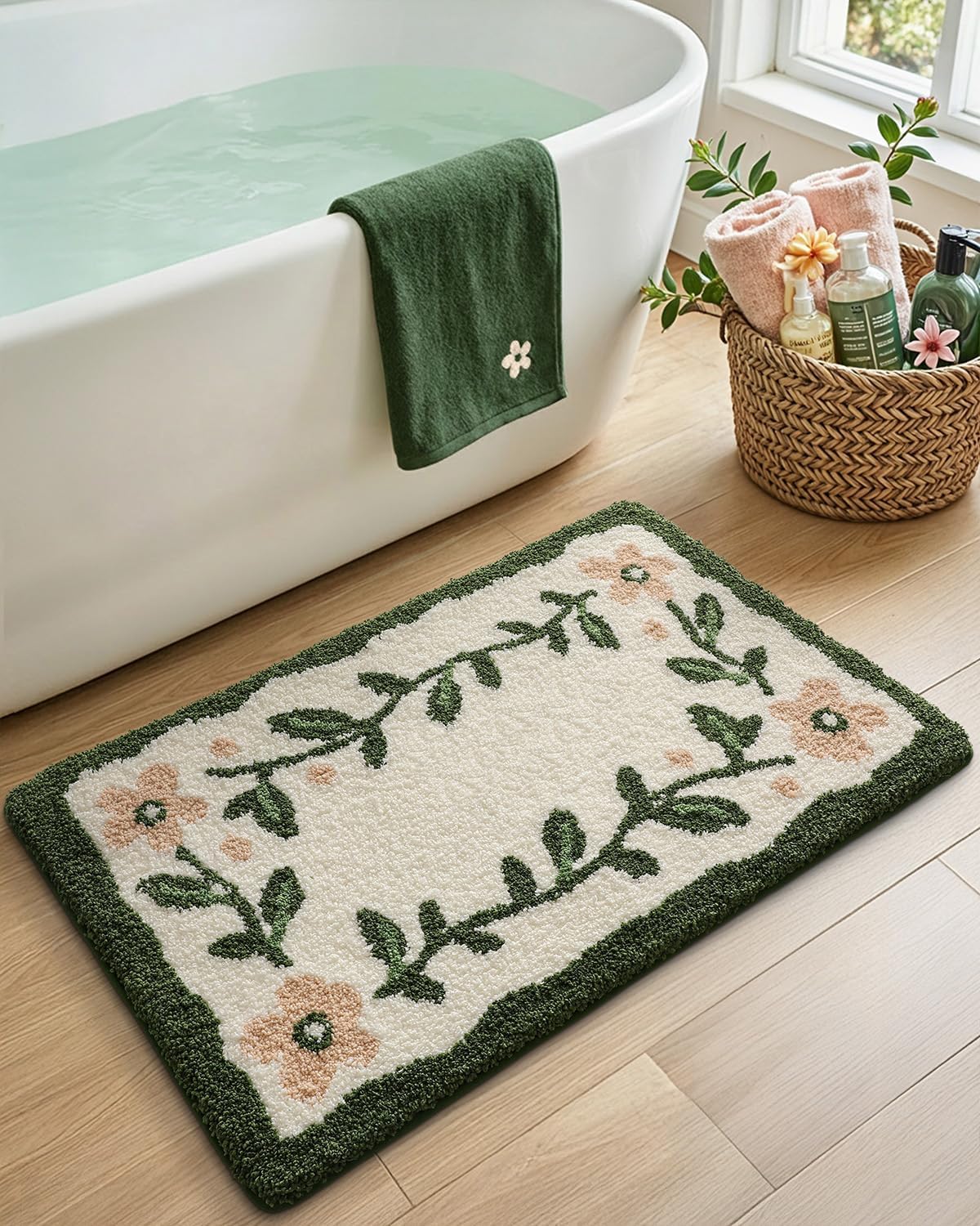 Boho Floral Bathroom Rugs 36x24, Green Leaf Bath Mat Non Slip Washable