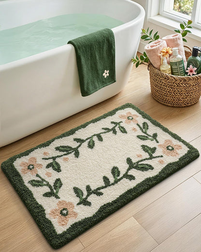Boho Floral Bathroom Rugs 36x24, Green Leaf Bath Mat Non Slip Washable