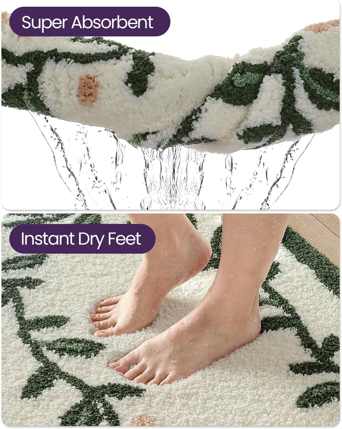 Boho Floral Bathroom Rugs 36x24, Green Leaf Bath Mat Non Slip Washable