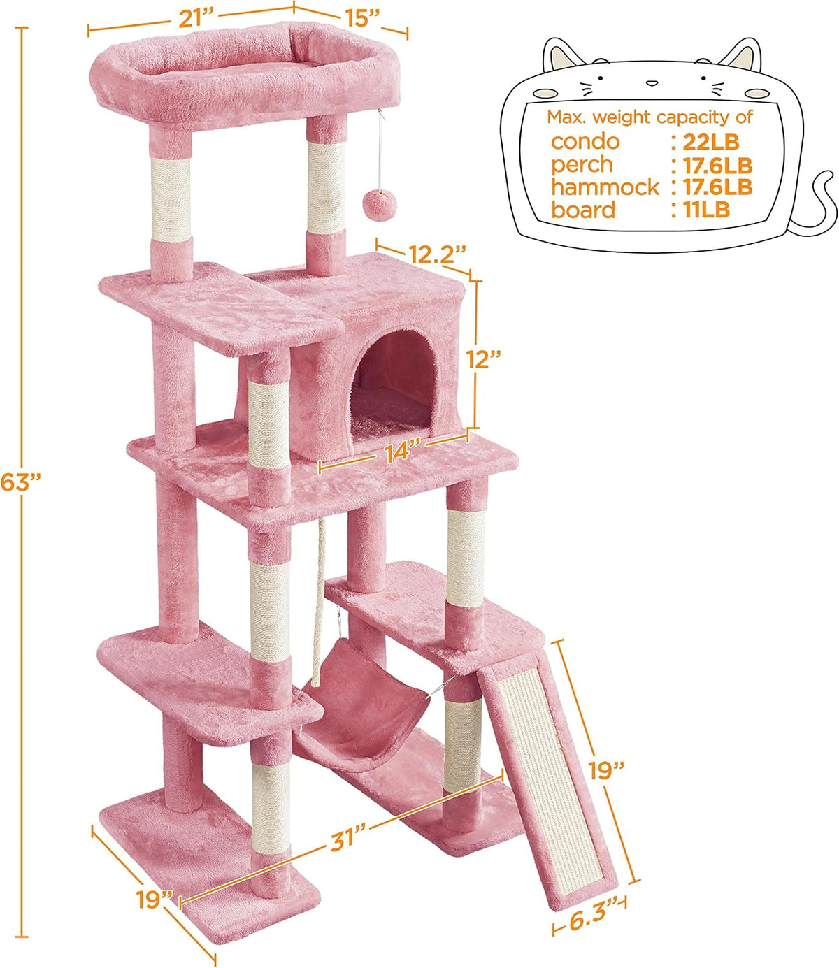 63in Large Cat Tree Cat Tower, Padded Perch, Stable Frame
