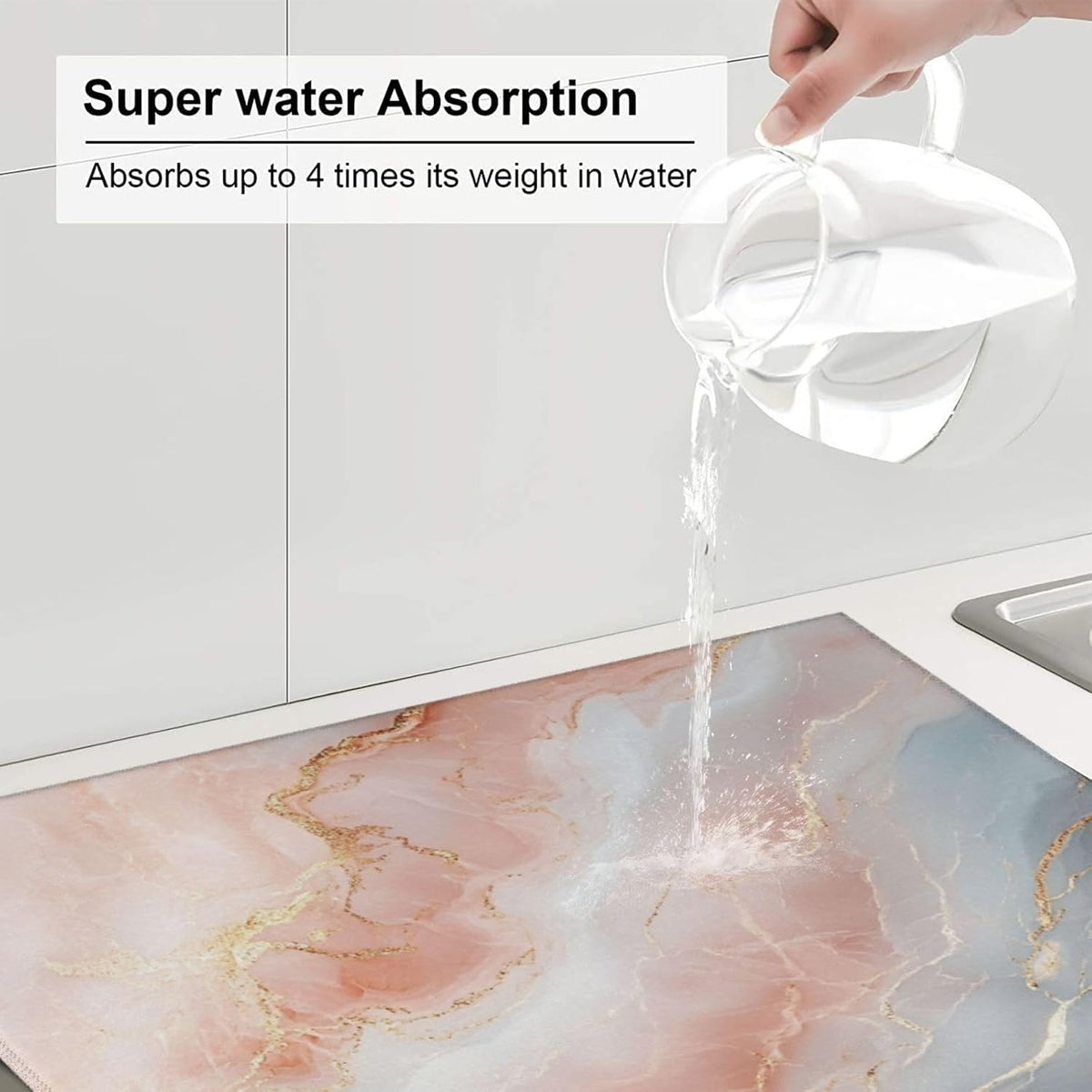 Dish Drying Mat for Kitchen Marble Light Pink Abstract Counter Absorbent Dishes Drainer Microfiber Small 16x18 Inch