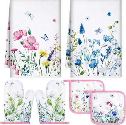 6 Wild Flower Kitchen Towels Kitchen Decor and Accessories Set Floral Plant Oven Mitts and Pot Holders Sets Farmhouse Absorbent Dish Towels for Cooking Baking Grilling